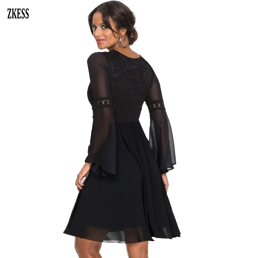 Black-Lace-Chiffon-Patchwork-Bell-Sleeve-Dress-LC220463-2-2