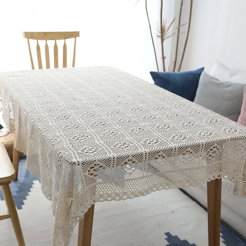 Pastoral Crochet Tablecloth Lace Hollow Out Cotton Table Cover Piano Towel Vintage DIY Dining Table Cloth for Kitchen Home Decor
