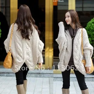 new arrival women's sweater loose medium-long twisted batwing sleeve thick cardigans shell shaped outerwear |