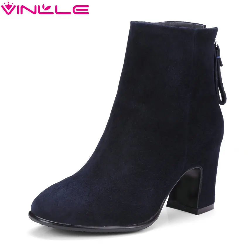 VINLLE 2018 Women Boots Shoes Ankle Boots Hoof High Heel Pointed Toe Zipper Elegant Blue Ladies Motorcycle Shoes Size 34-39