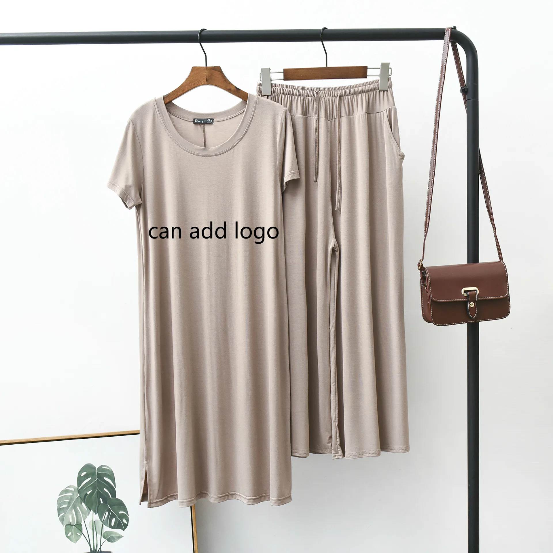 

Tvvovvin New Woman Cotton Solid X-long T Shirt And Drawstring Wide Leg Pants Set Custom Logo Name Picture Plus Szie Tops Z029