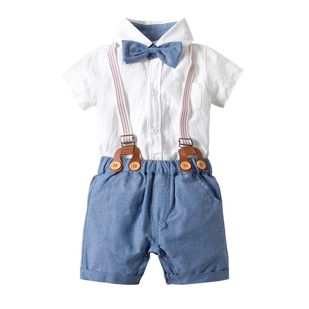 Kids Baby Boys Summer Gentleman Bowtie Short Sleeve Shirt+Suspenders Shorts Suit