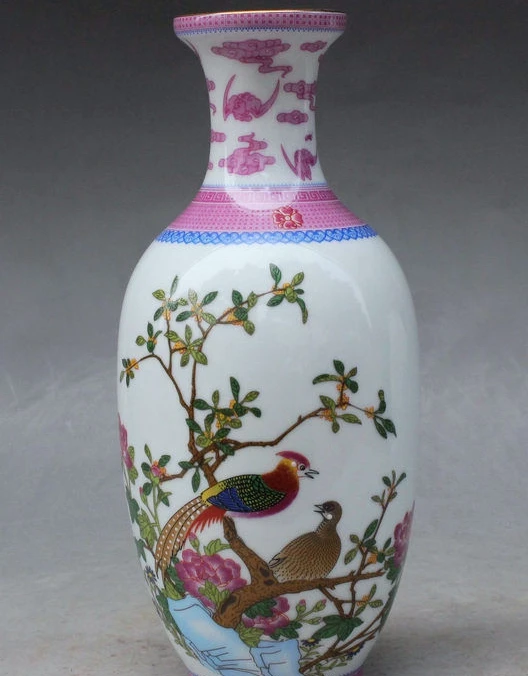 

8" Lucky Chinese WuCai Porcelain Auspicious Bird Peony Art Adorn Statue Vase Pot