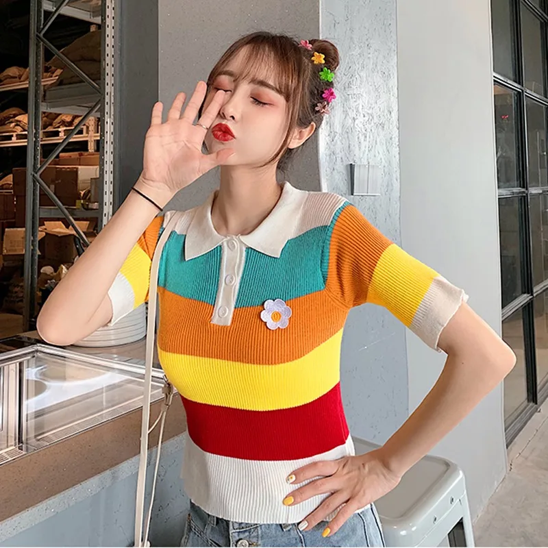 

Fashion Striped Women T-shirt Girls Sweet Short Sleeve Tops Turn-Down Collar Knitted Shirt Color Blocks Slim Tees