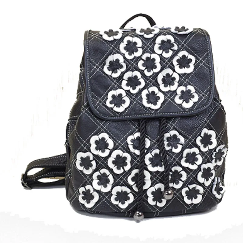 San Maries, рюкзаки с цветочным принтом, женский кожаный рюкзак, Модный женский школьный рюкзак для подростков, девочек, женщин - Цвет: K662 black and white