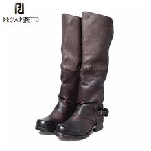 Prova Perfetto кожаные сапоги до колена высокого качества для женщин сочетаются цвет зима ремень пряжка боковая молния длинные сапоги для верховой езды