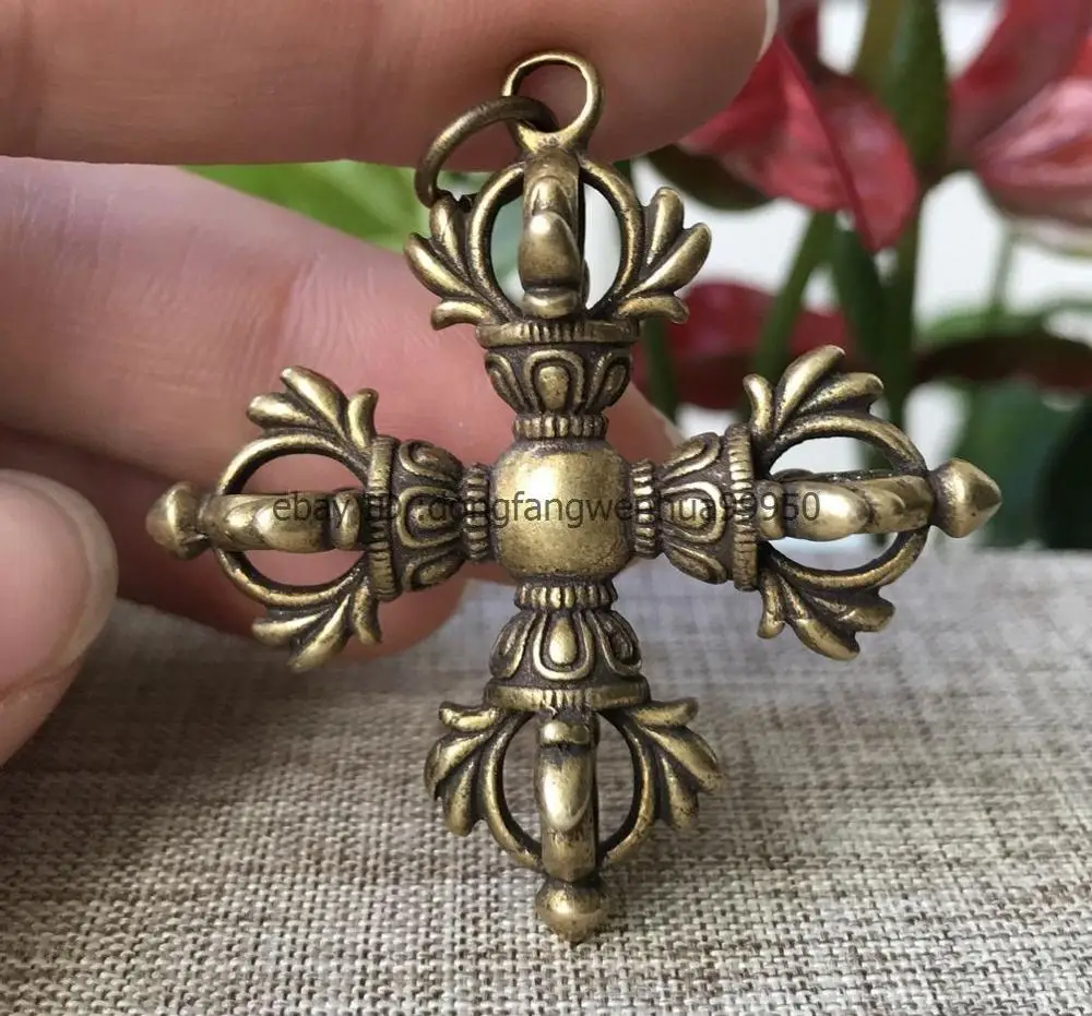 Китайский бронзовый медь 4 лепестка Dorje Vajra pestle exorcise evil Amulet кулон A02|Статуи и