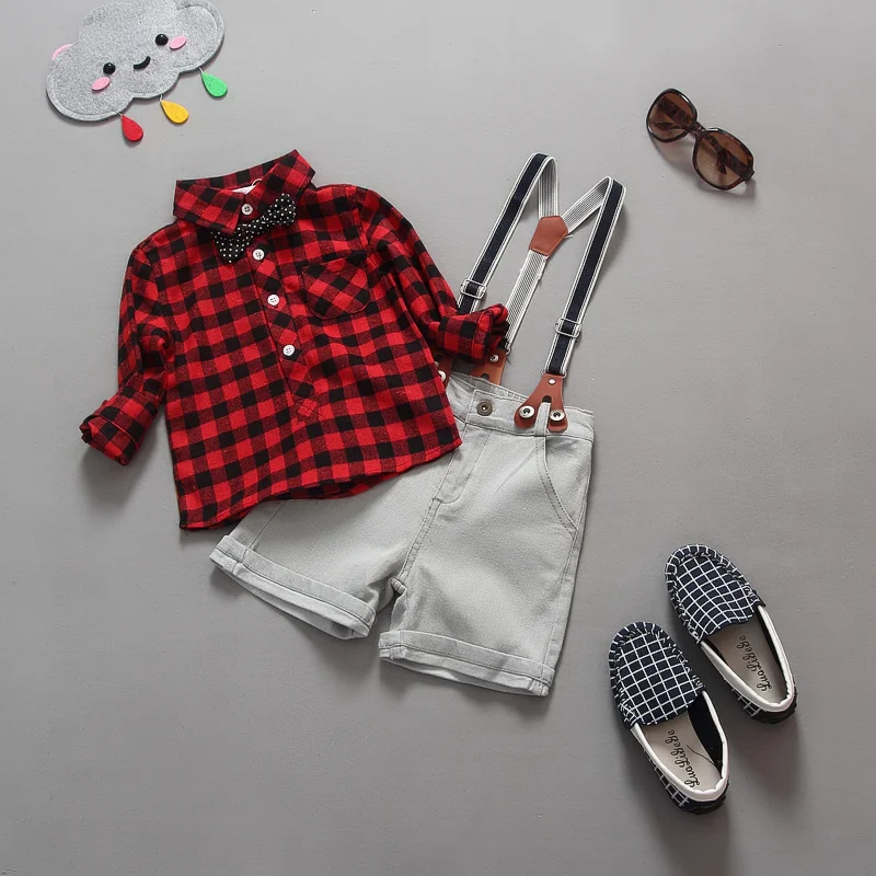

Hot sale! 2016 spring and autumn style baby boy suit red and white Plaid Shirt+suspender short trousers sports set for kids