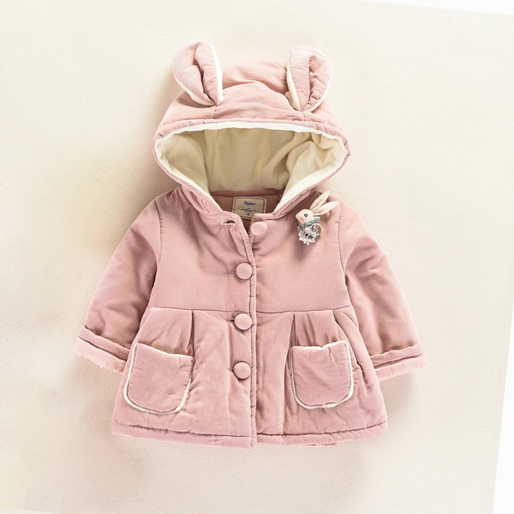  JN650 Toddler Baby Girl Spring Winter Cute Rabbit 3D Ears Thicken Keep Warm Hooded Coat Fur Fluffy 