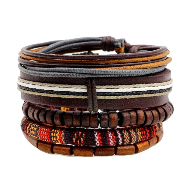 Lasperal 5pcs Set Wood Beads Wax Rope Leather Hemp Braided Lasperal 5pcs Set Wood Beads Wax Rope Leather Hemp Braided Bracelet Simple Multilayer