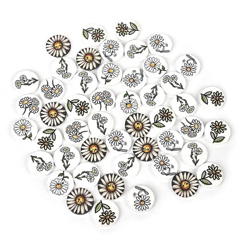 

50Pcs Lots Flower Printed Round Wooden Button 2 Holes 20mm Mixed Wood Buttons Scrapbooking Accessories