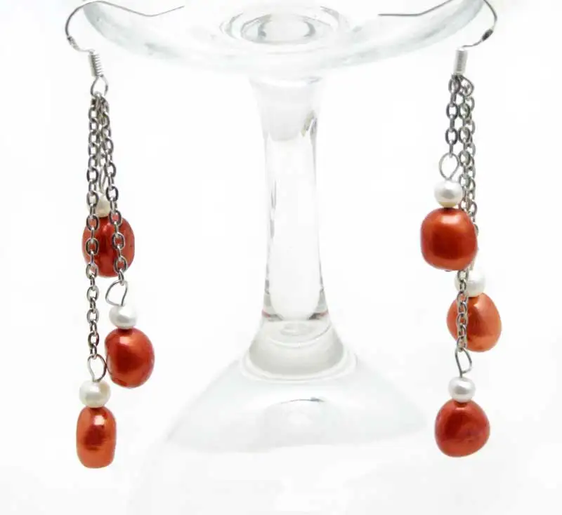 

Qingmos Red Pearl Earrings for Women With 7-9mm Baroque 3 PCS Natural Freshwater Pearl-ear548 Free Shipping