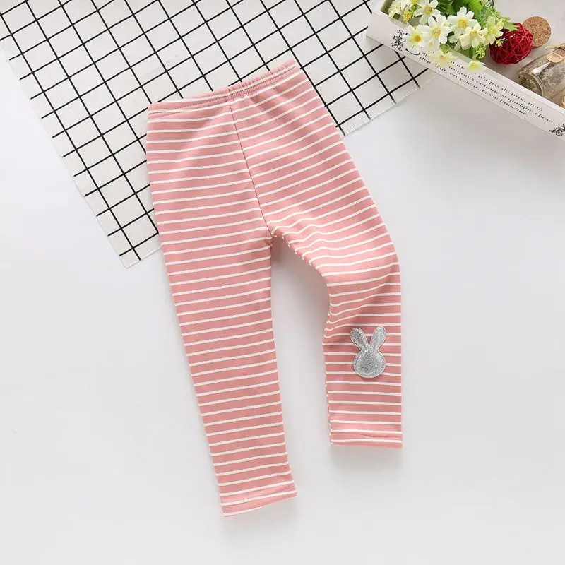 Теплые штаны с милым кроликом для маленьких девочек, бархатные теплые леггинсы ярких цветов детские зимние штаны для девочек от 2 до 7 лет - Цвет: Pink stripe