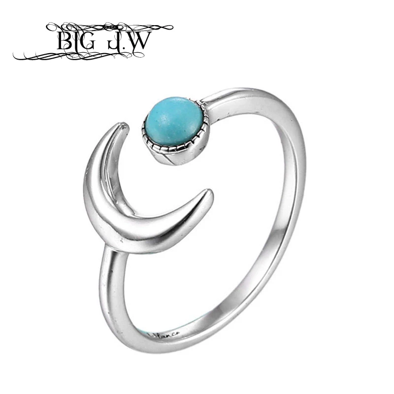 

BIG J.W Blue Stone Wedding Magical Charming Rings Boho Style 925 Silver Moon Cuff Rings Women Jewelry 2018 Mujer Best Gifts