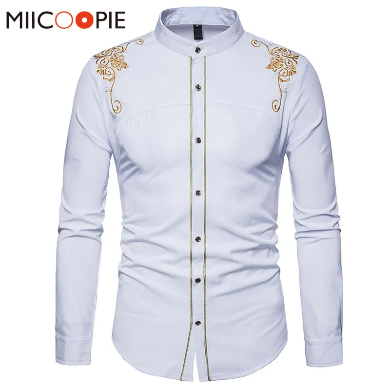 

Chemise Homme 2018 Spring Royal Court Style Solid Floral Embroidered Solid Dress Shirts Slim Fit Casual Long Sleeve Shirt XXL