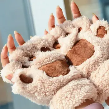 

Women Girls Lovely Cat Paw Claw Thick Half Fingerless Gloves Fluffy Plush Mitten