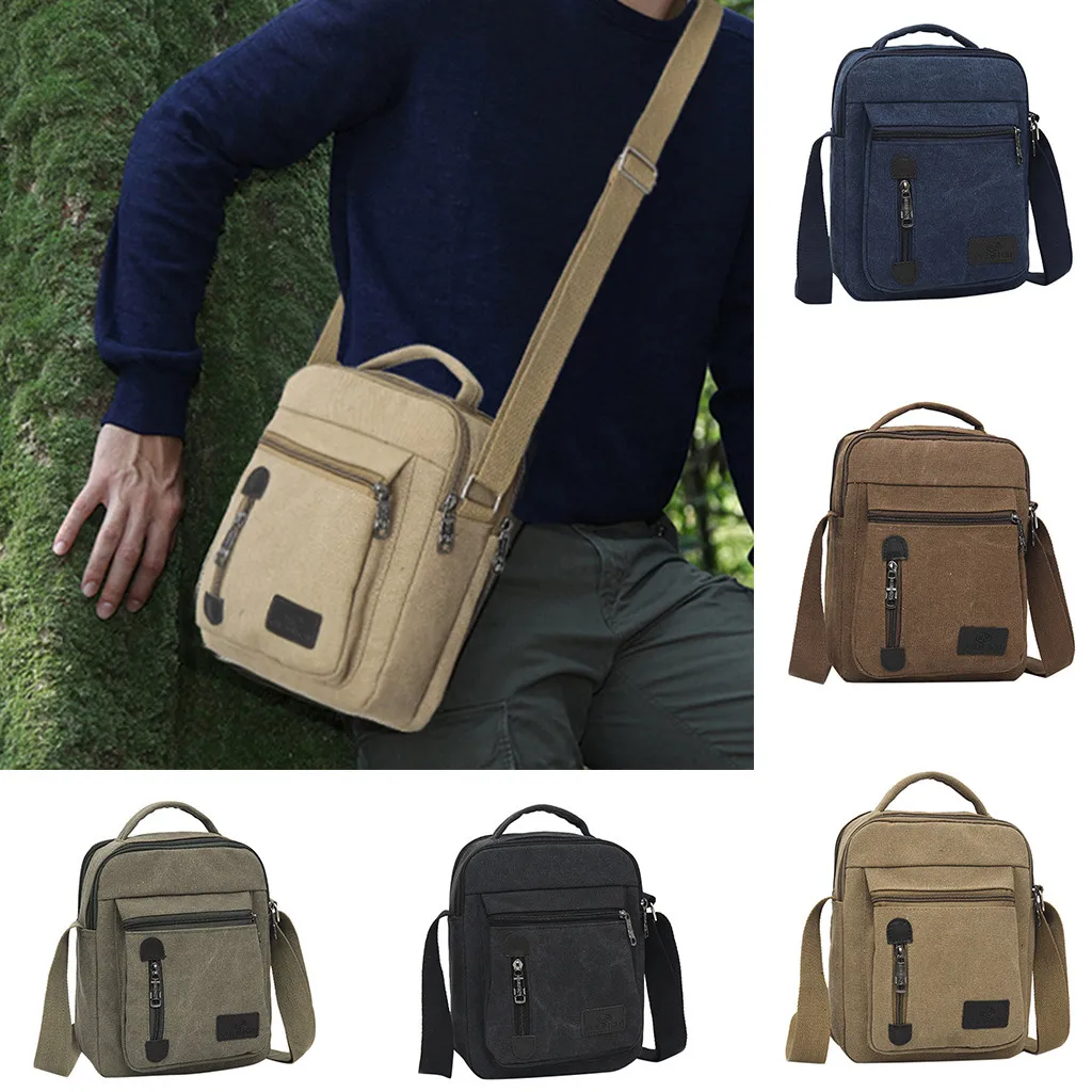 Men's Fashion Canvas Solid Color Casual Business Shoulder Bag Messenger Bags Simple Leisure Chian Single Shoulder Bags