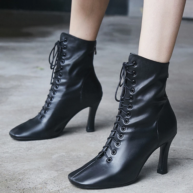 

S.Romance 2018 Women Ankle Boots Genuine Leather High Heels Ladies Pumps Fashion Autumn Female Shoes Woman Rubber Black SB145