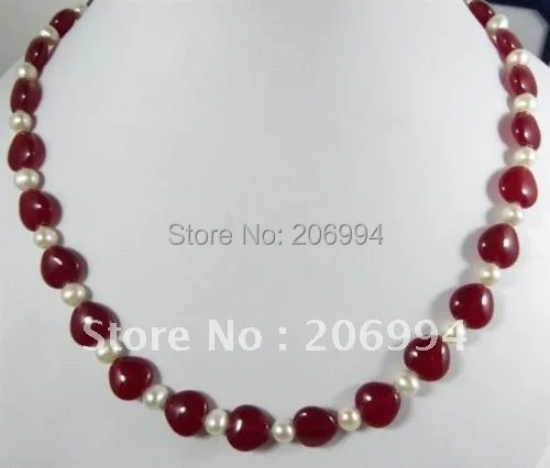 

Wholesales 7-8mm white cultured freshwater pearl heart red stone necklace 18'' fashion jewellery