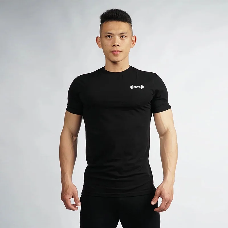Хлопковая спортивная рубашка, рубашка для пробежек Мужская быстросохнущая футболка с коротким рукавом, фитнес-футболки, Спортивная футболка - Цвет: Black Shirt