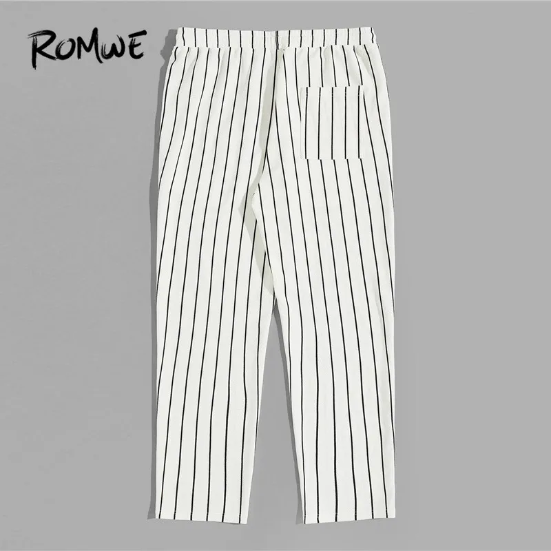 

ROMWE Men Black and White Stripe Drawstring Mid Waist Straight Leg Long Pants Male Striped Casual Trousers With Slant Pockets