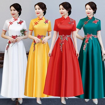 

Traditional Handmade Button Qipao Women Mandarin Collar Vintage Cheongsam Elegant Stage Show Dress Gown Large Size Vestidos