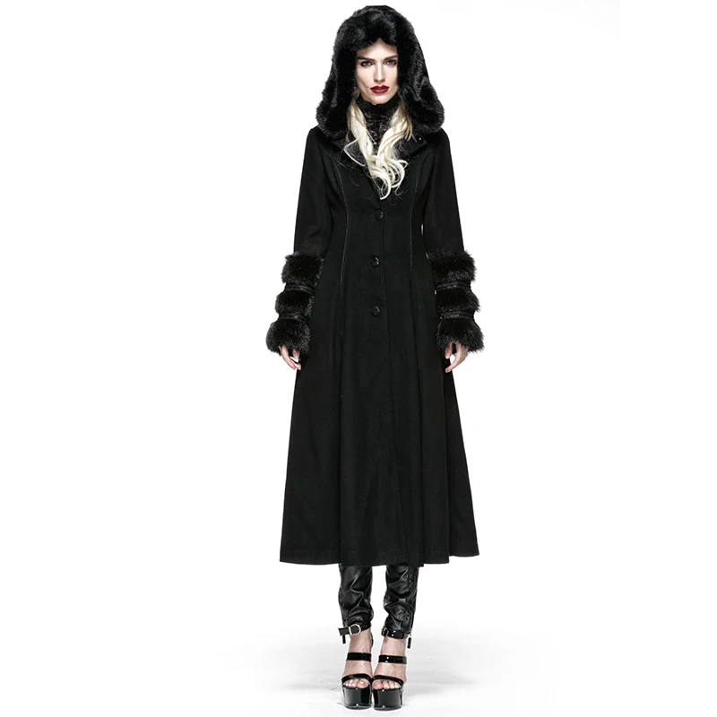 

Gothic Lolita Style Two-wear Woolen Imitation Fur Coats Steampunk Autumn Winter Women Long Dress Coats Wool Jackets with Hat