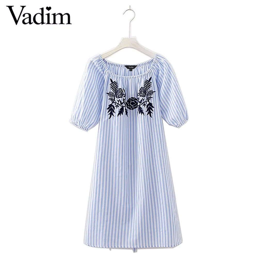 Women Sexy Slash Neck Flower Embroidery Striped Dress With Sashes