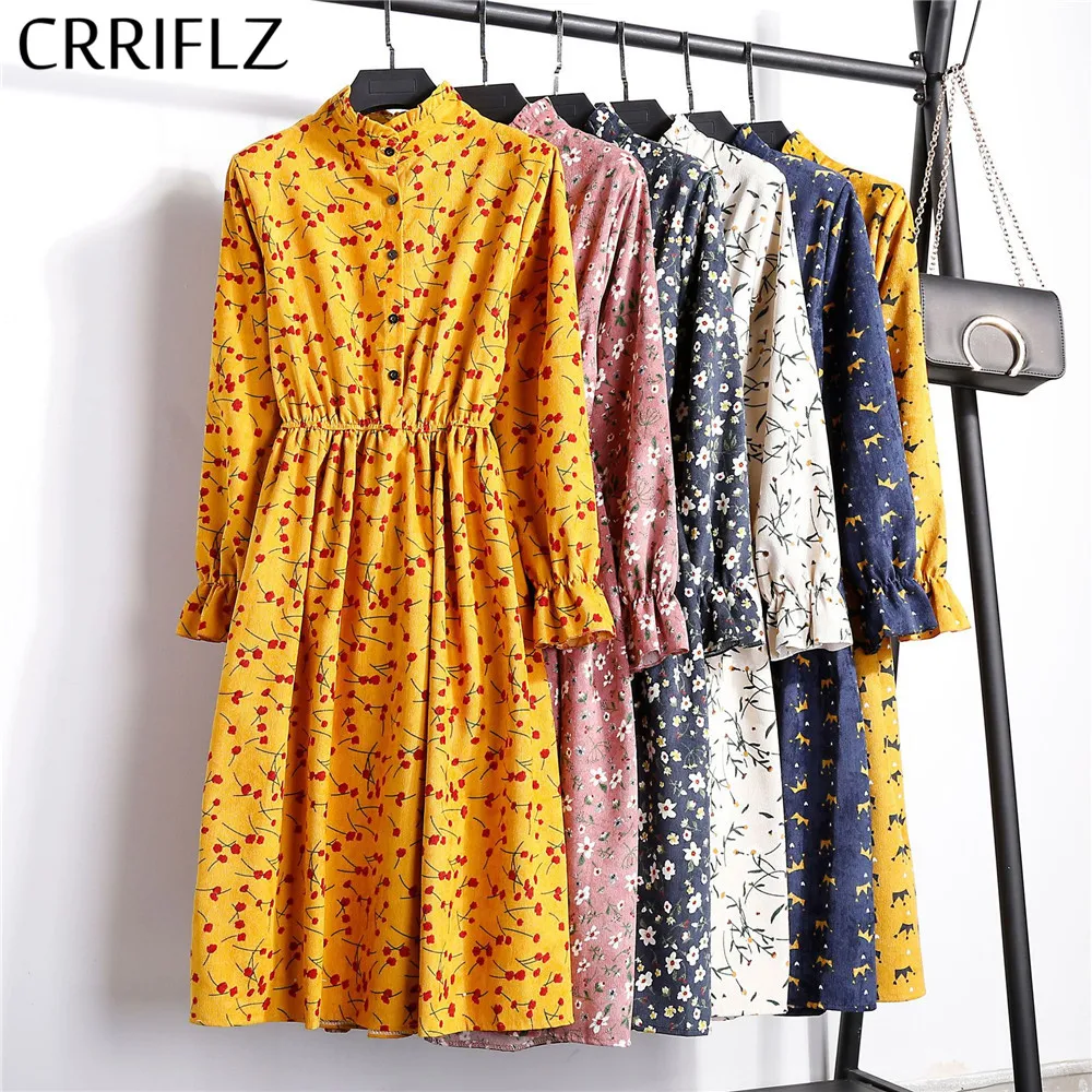 

New 2019 High Elastic Waist Corduroy Vintage Dress A-line Women Full Sleeve Flower Plaid Print Dresses Slim Feminino CRRIFLZ