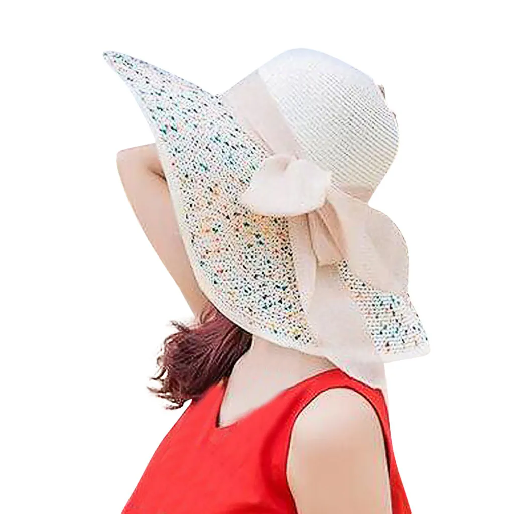 Perimedes Для женщин красочный большой край соломенная шляпа с бантом гибкие широкие поля Шапки женские пляжные Кепки гибкие широкие поля солнце Кепки# y10 - Цвет: Бежевый