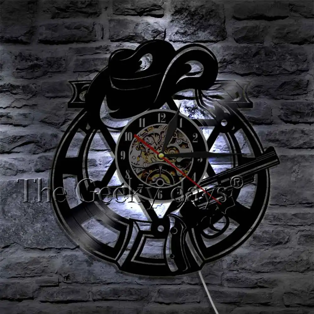 Cowboy Bandit Revolver Pistols Weapons Hat Western Home Decor Wall Clock Outlaw Cowboy Hat and Revolver Vinyl Record Wall Clock