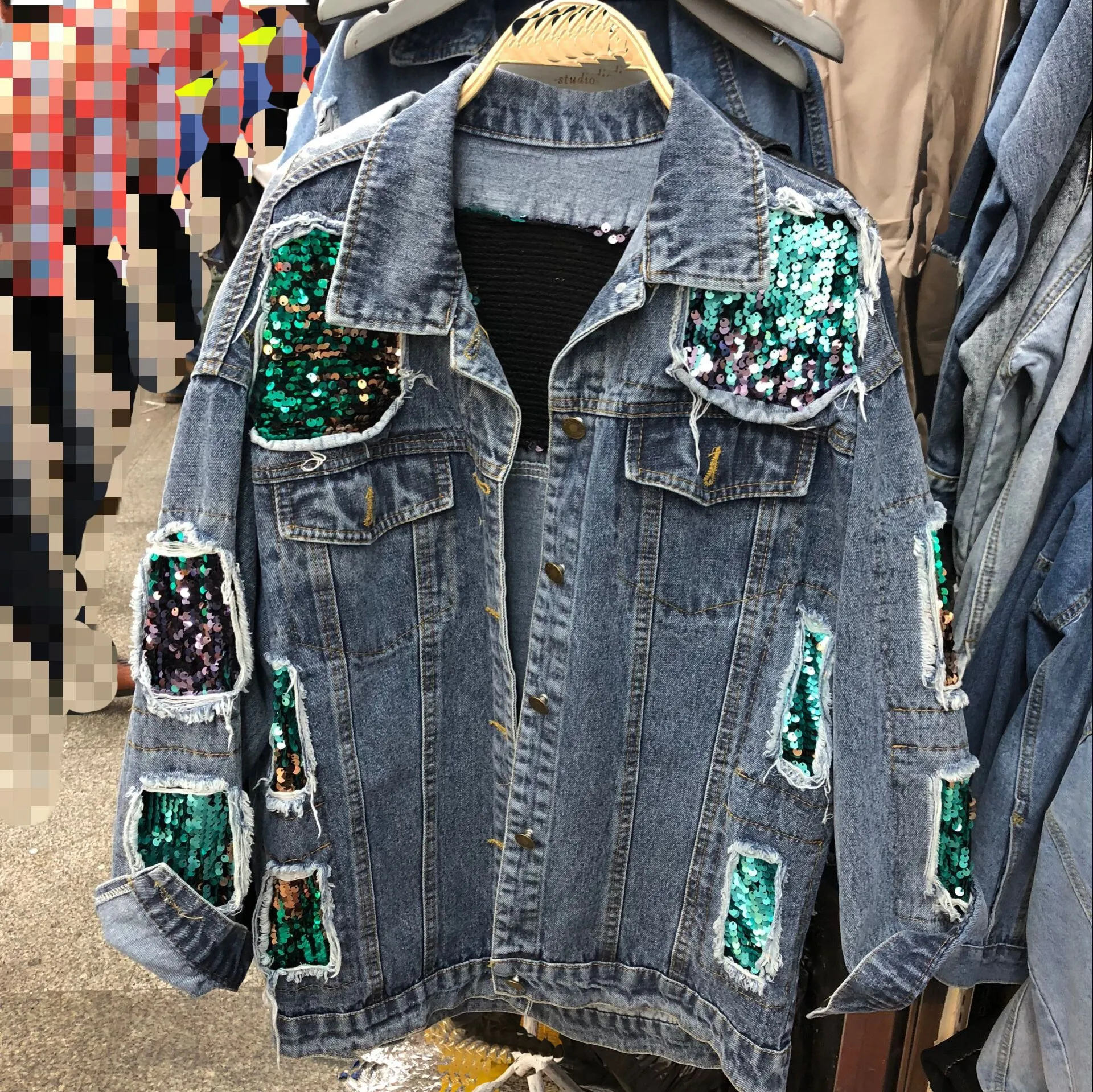 Women Casual Denim Sequin Jackets Fashion Long Sleeve Holes Basic Denim Jacket Vintage Loose Patchwork Sequined Jeans Jacket