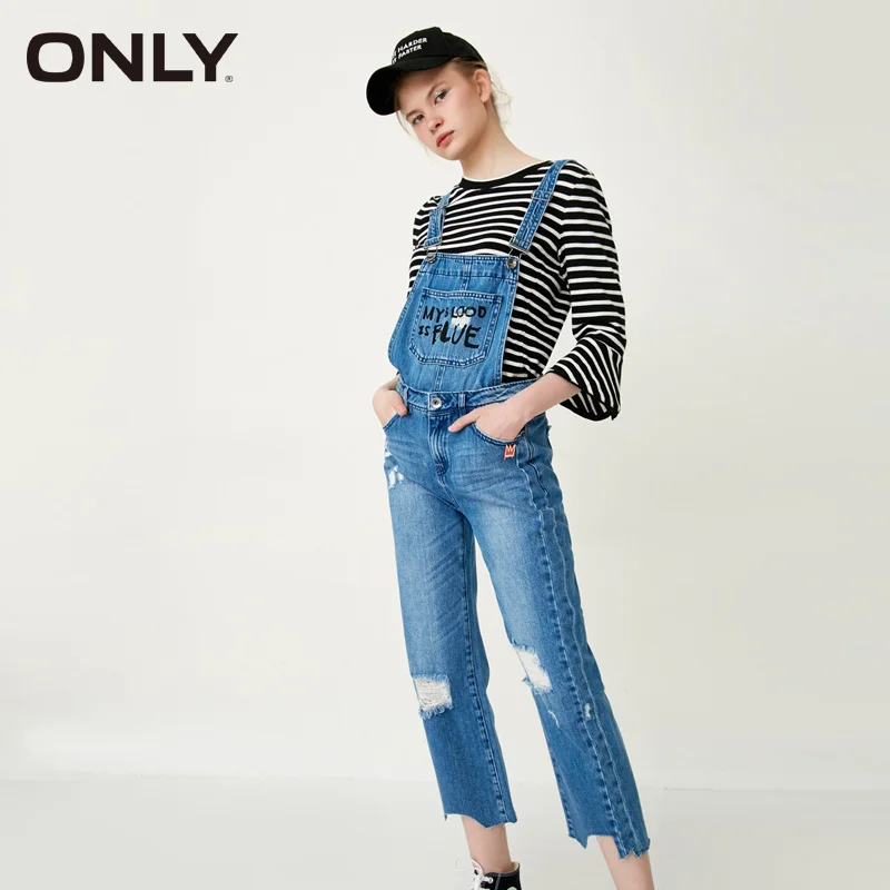 ONLY Brand 2018 NEW worn out rough edge suspenders cropped jeans female
