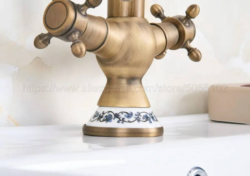 Basin Faucets Antique Brass Bathroom Sink Faucet 360 Degree Swivel Spout Double Cross Handle Bath kitchen Mixer Taps znf601