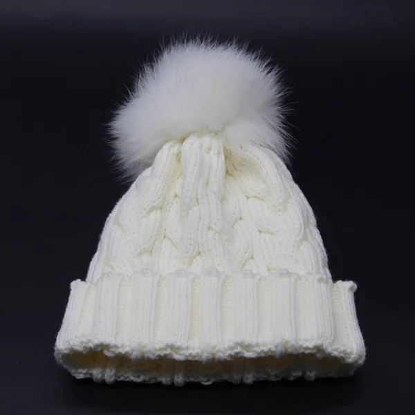 Помпон из лисьего меха шапка зимняя шляпа для детей теплая Твист вязаная шапочка детская Помпон шляпы детские для девочки зима - Цвет: Белый