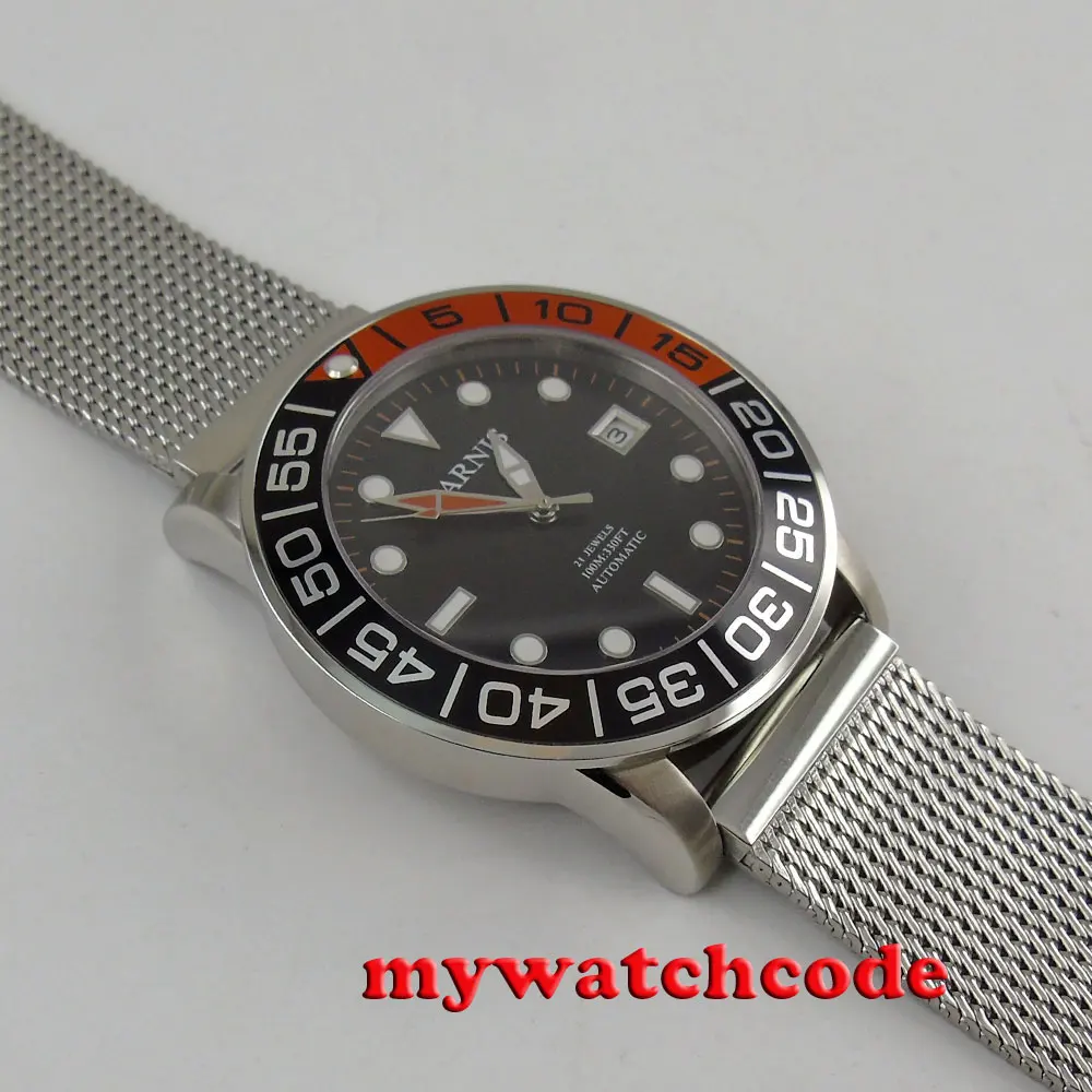  42mm parnis black dial black & orange bezel date miyota automatic mens watch P829