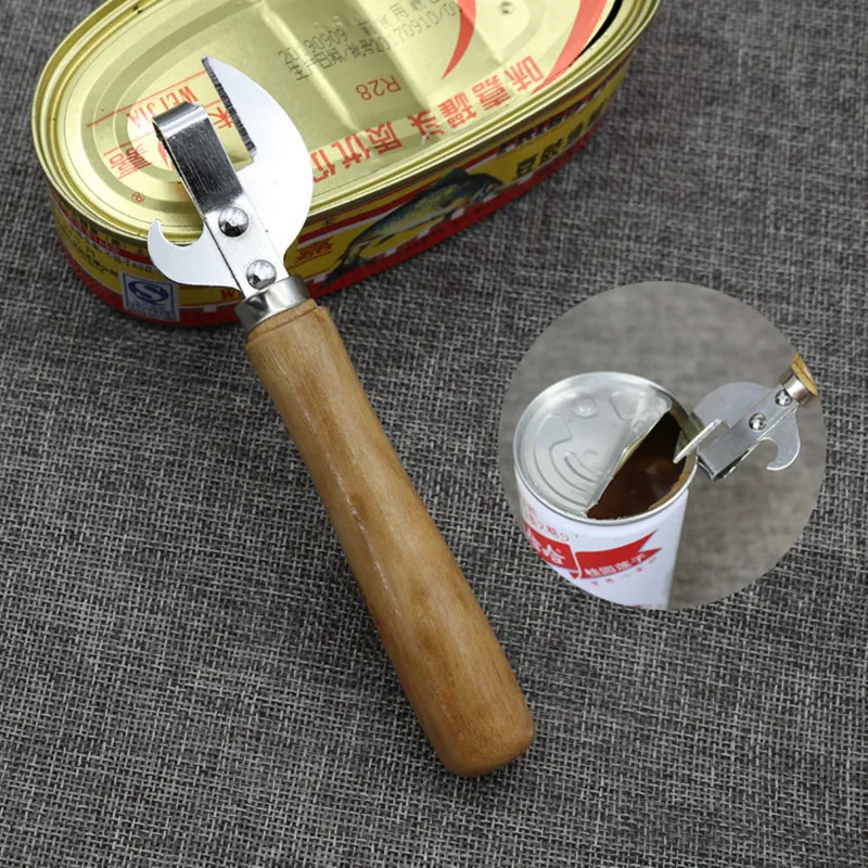 Консервный нож с деревянной ручкой, консервный нож, кухонный инструмент, металлическое покрытие, открывалка для пивных бутылок