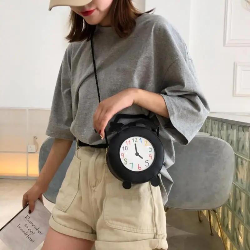 

Cute Clock Pattern Shoulder Handbags Women PU Leather Small Crossbody Bags Circular Round Messenger Hand Tote Bags