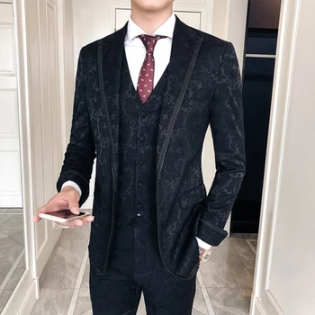 

3 Pieces Complete Suits Wedding Mens Italian Suits and Pants for Men Luxury Court Design Black Floral Jacquard Groom Suit Terno