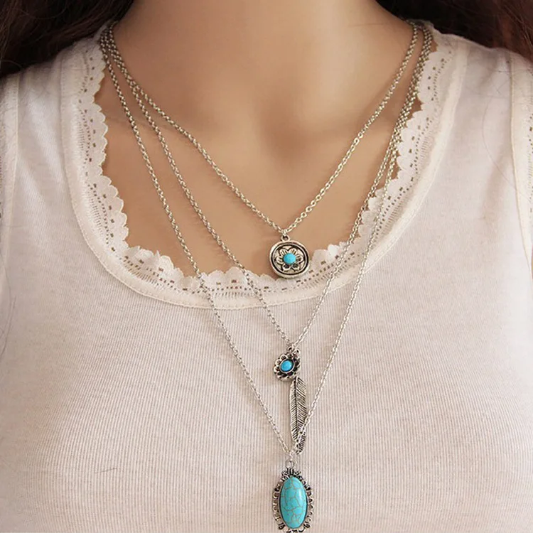 

Free Delivery! Vintage Ethnic Style Fashion New Necklace Exaggerated Item Multilayer Feather Pendant Length Set Necklace Gift