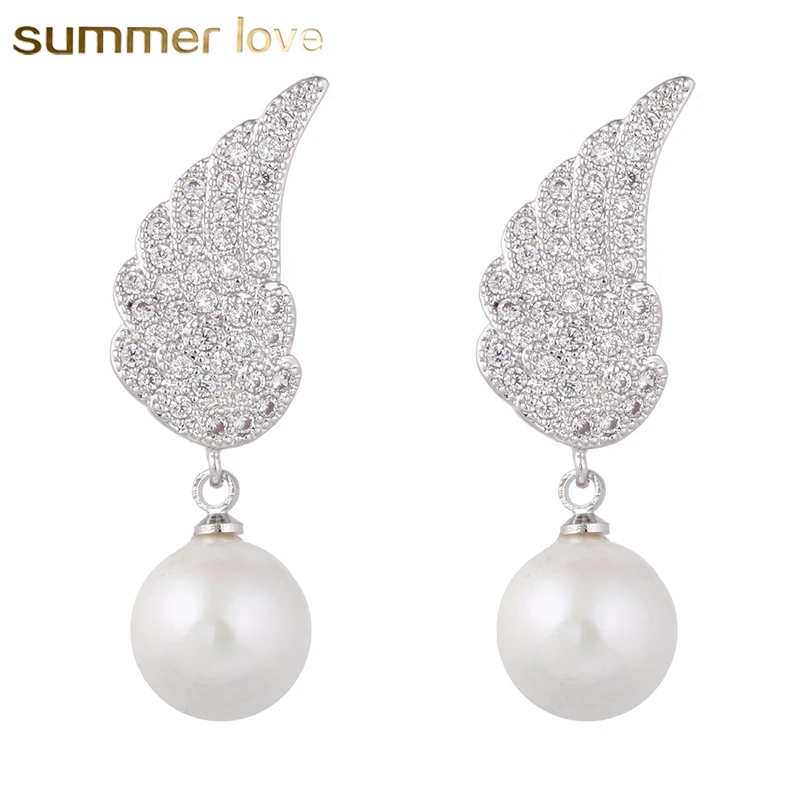 

New Simulated Pearl Earrings Drop/Dangle Luxury Cubic Zirconia CZ Stone Angle Wings Earrings Silver for Women Wedding jewelry