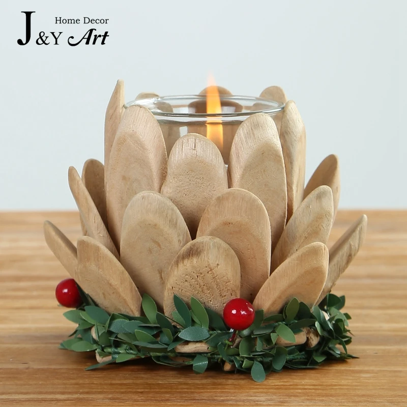 

Handmade Wooden Candlestick creative gifts lotus with small tealight for wedding home decoration JY-377