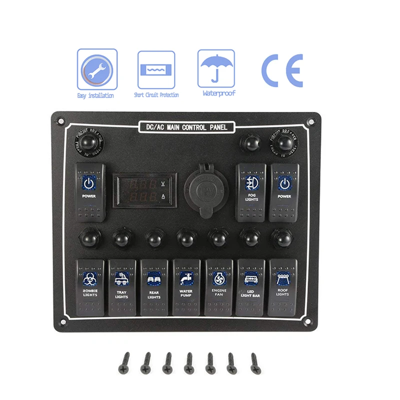 

10 Gang Car Auto Boat Rocker Switch Panel led Dual Power Control Overload Protection 15A DC Output