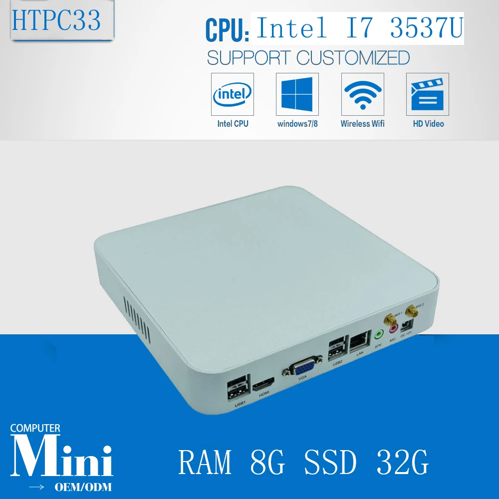 3 Years Warranty HTPC Living Room Mini PC Intel Core i7 3537U 8GB Ram 32G SSD Media Player 1080P Display