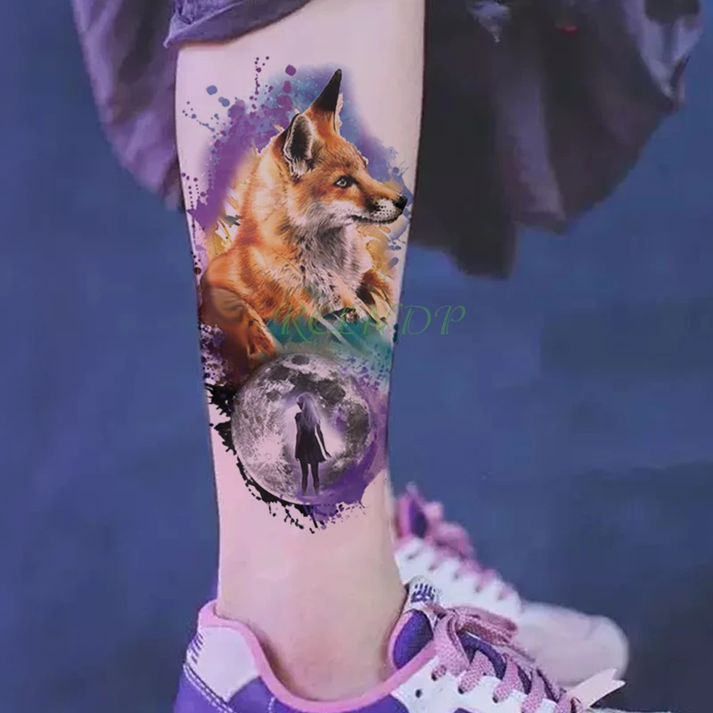 Водостойкая временная татуировка наклейка лиса Волк Луна девушка поддельные тату флэш-тату временные татуировки большого размера татуировки для женщин и мужчин