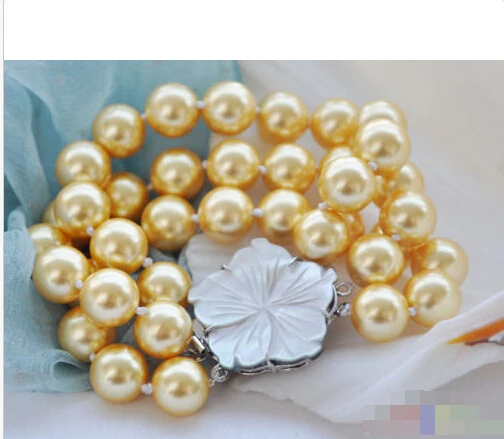 

P4236 3row 8" 12mm Golden Round South Sea Shell Pearl bracelet @^Noble style Natural Fine jewe SHIPPING 6.2 6.02