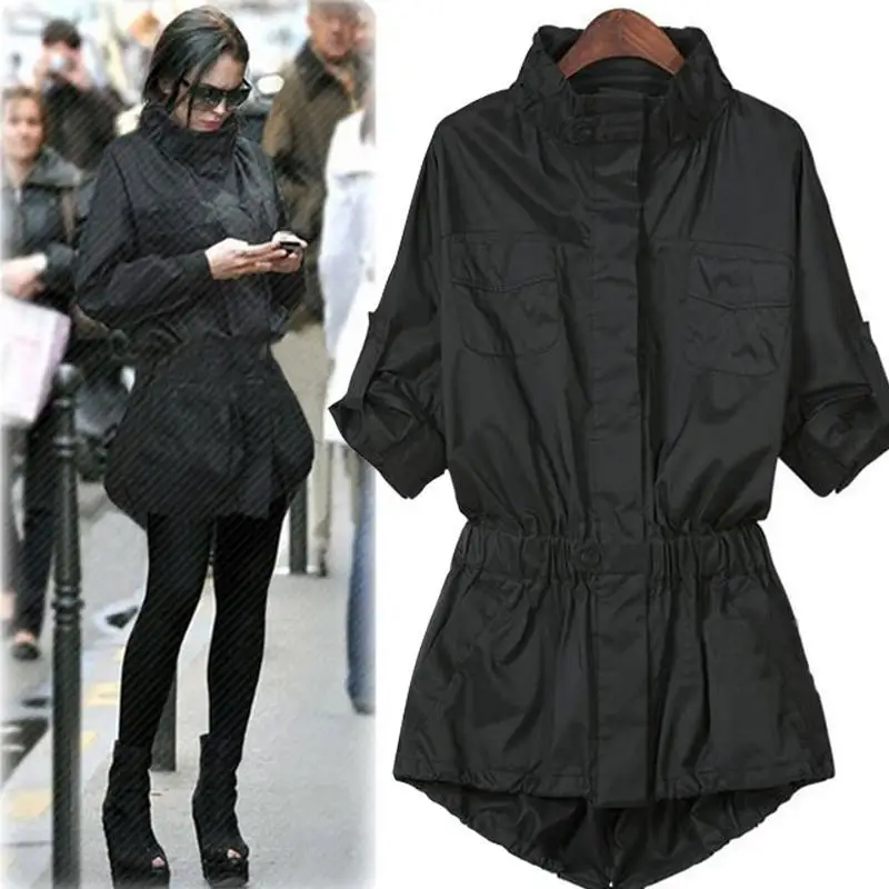 

New Spring Autumn Trench Coat 2019 Fashion Women Thin Windbreakers Plus Size Turtleneck Black Streetwear Outerwear