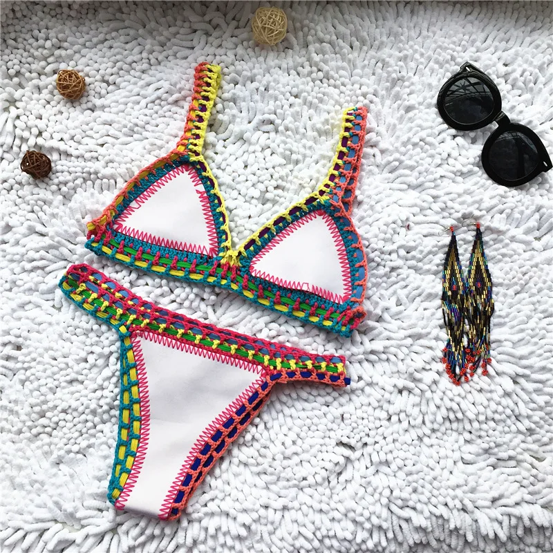 Micro Bikini 2021 Women Handmade Crochet Knit Swimwear Halter Patchwork Bathing Suit Swimsuit Biquini Thong Bikini traje de bano swimwear