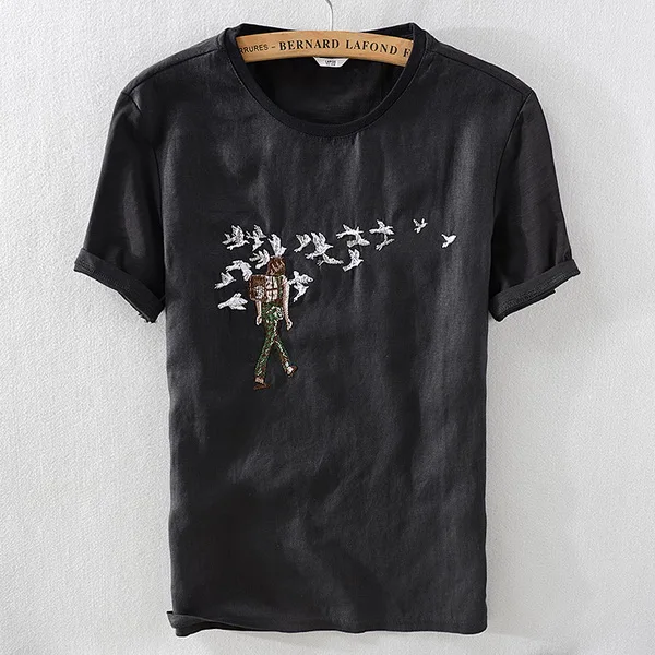 Дизайн, льняной топ с коротким рукавом, мужские брендовые Летние черные футболки во французском стиле, мужские футболки с круглым вырезом и вышивкой - Цвет: black