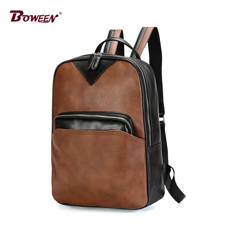Backpack Men Pu Leather Boy Teenagers School bag Retro High Schoolbag